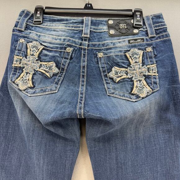 Miss Me Jeans Women's 29x34 (8) Blue Relaxed Boot Cut Crosses Western Bling - Picture 1 of 15